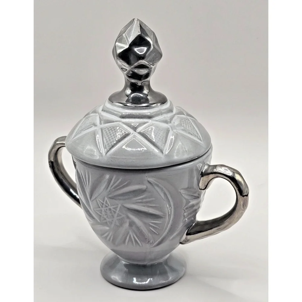 anthropologie sugar bowl gray ceramic urn‎ art deco style silver handles